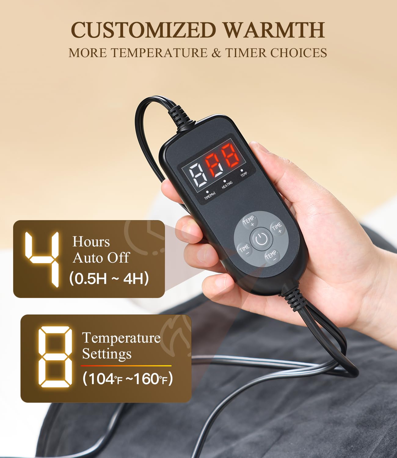 InVarme eight heat levels with LED control for customizable comfort.