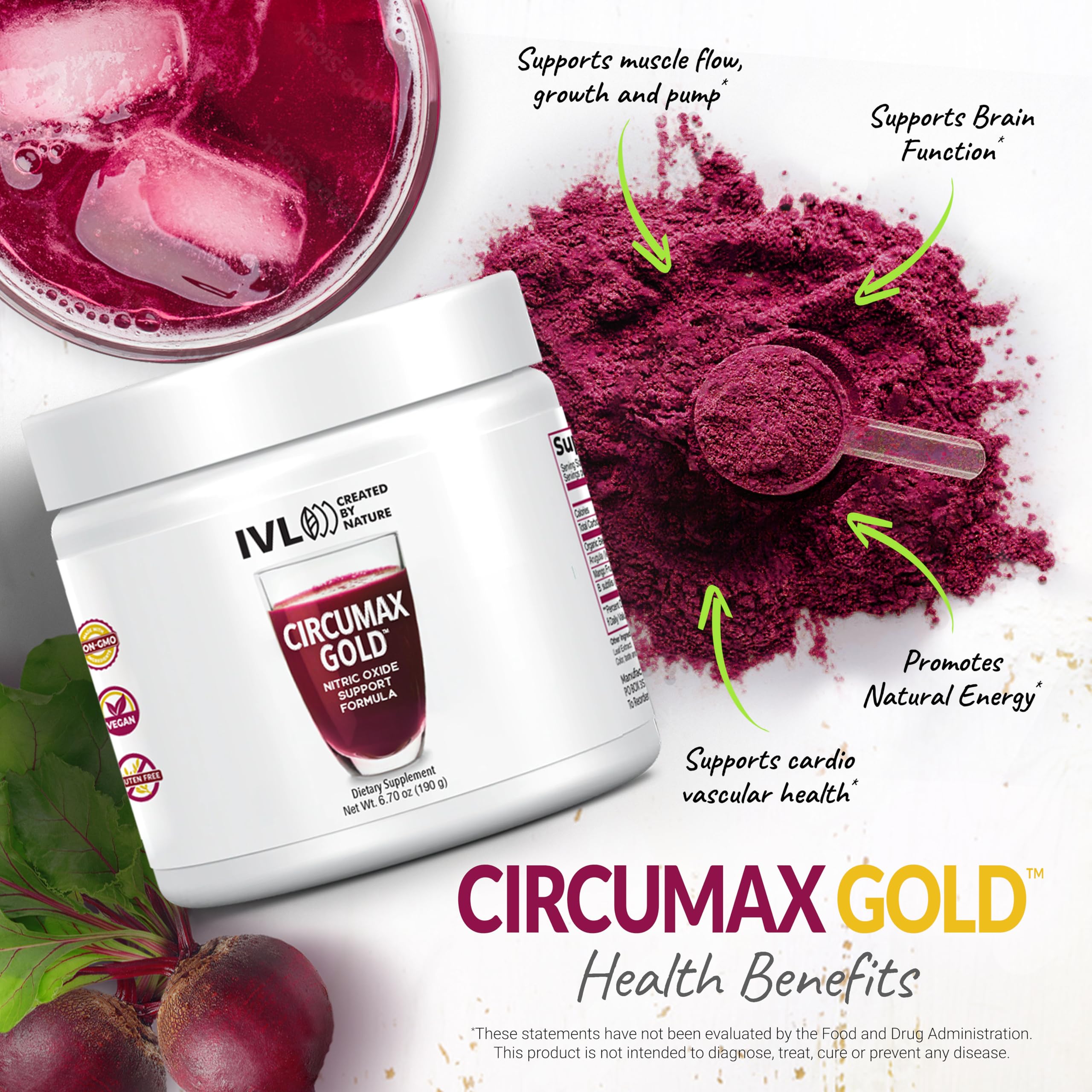 IVL CircuMax Gold organic beet powder close-up with earthy color and natural goodness.