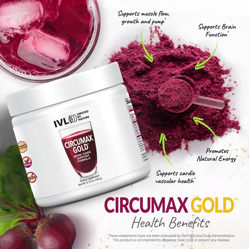 IVL CircuMax Gold organic beet powder close-up with earthy color and natural goodness.