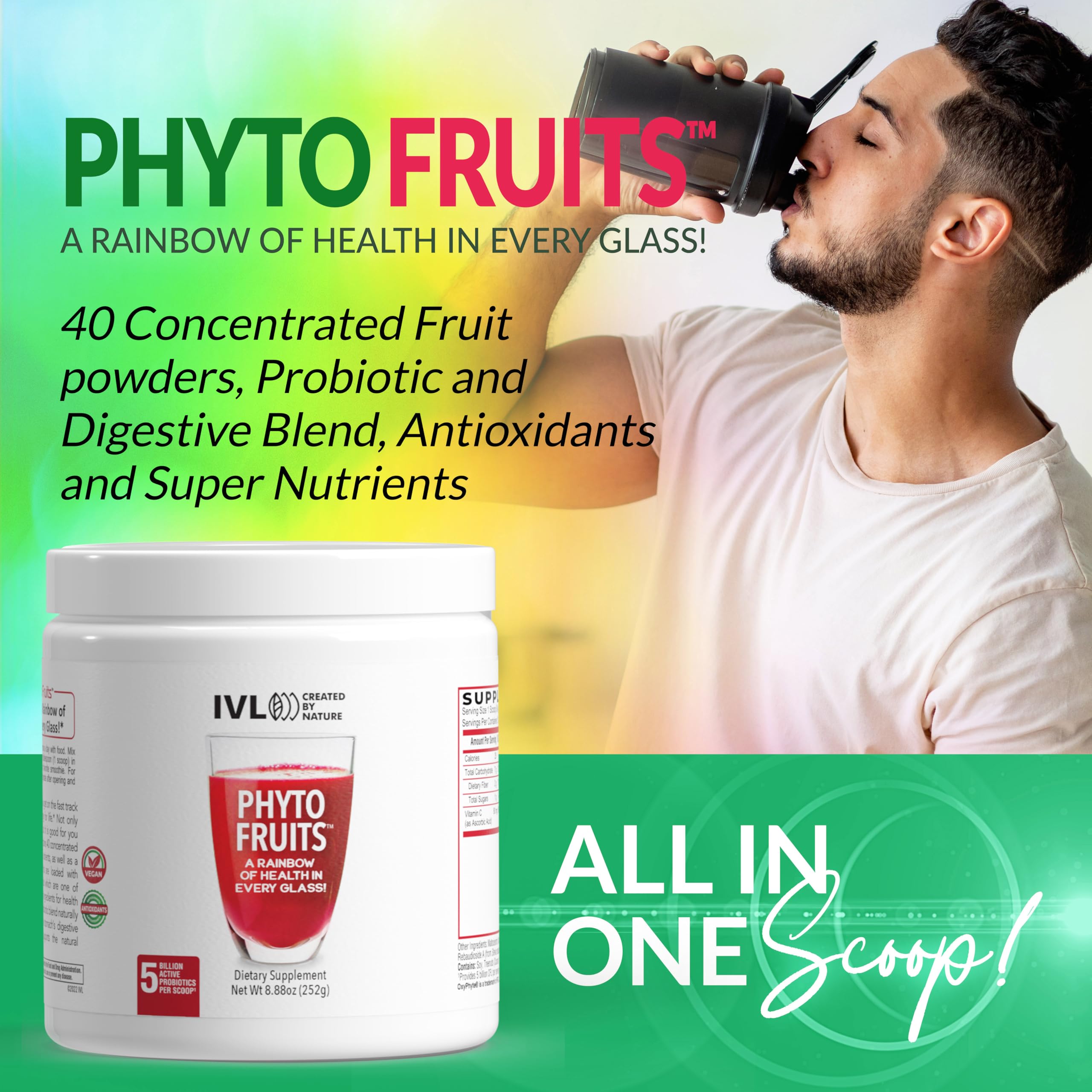 Powder being stirred into a smoothie with IVL Phyto Fruits for a quick boost.