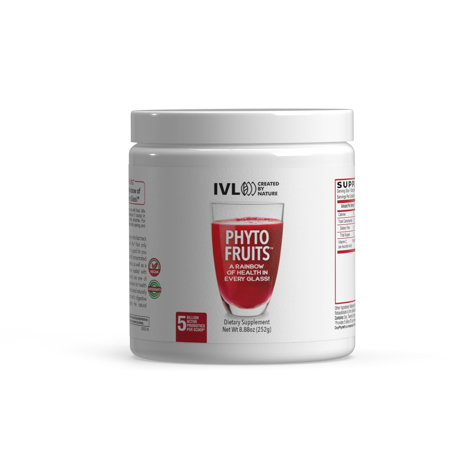 IVL Phyto Fruits Superfood Powder bottle highlighting 40 fruits for daily energy.