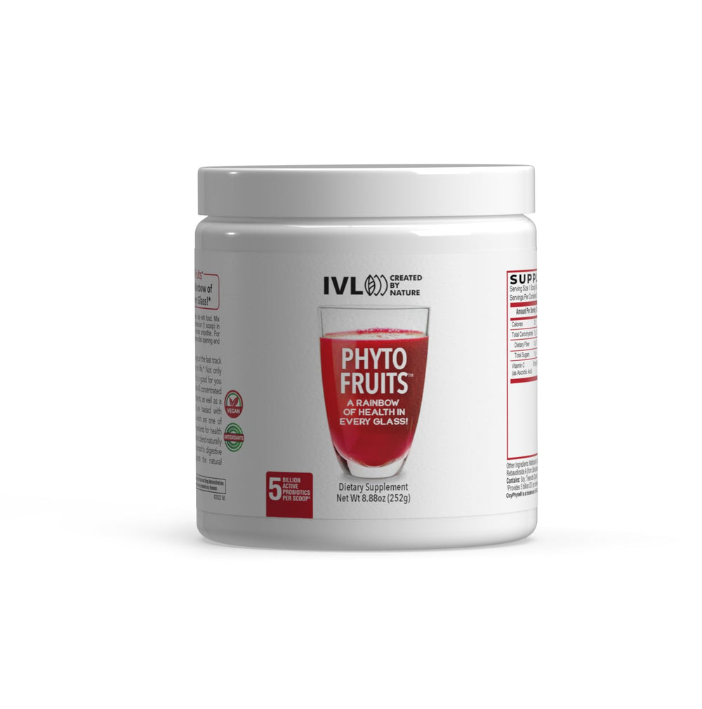 IVL Phyto Fruits Superfood Powder bottle highlighting 40 fruits for daily energy.