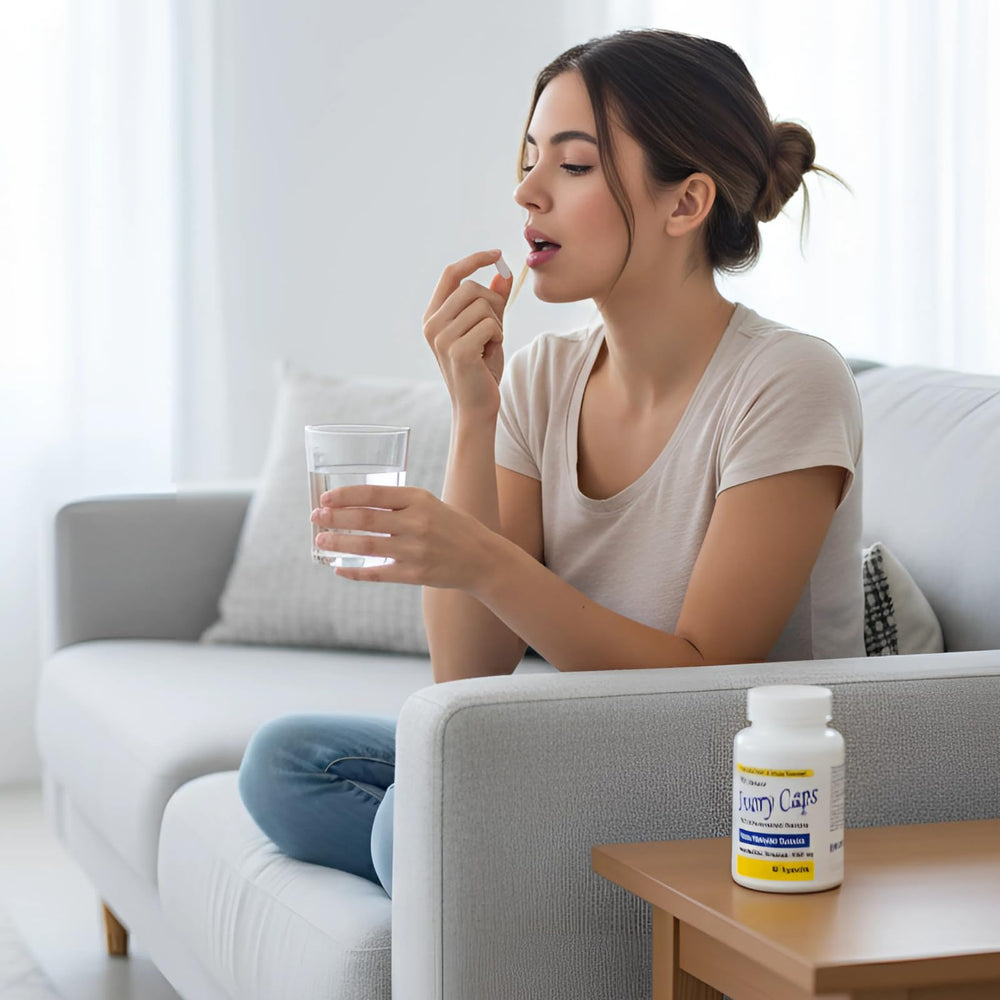 Ivory Caps capsules closeup, vegan formula designed for gentle daily use.