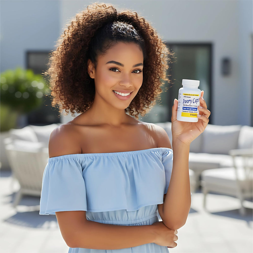 Closeup of Ivory Caps Glutathione Complex capsules emphasizing premium blend.