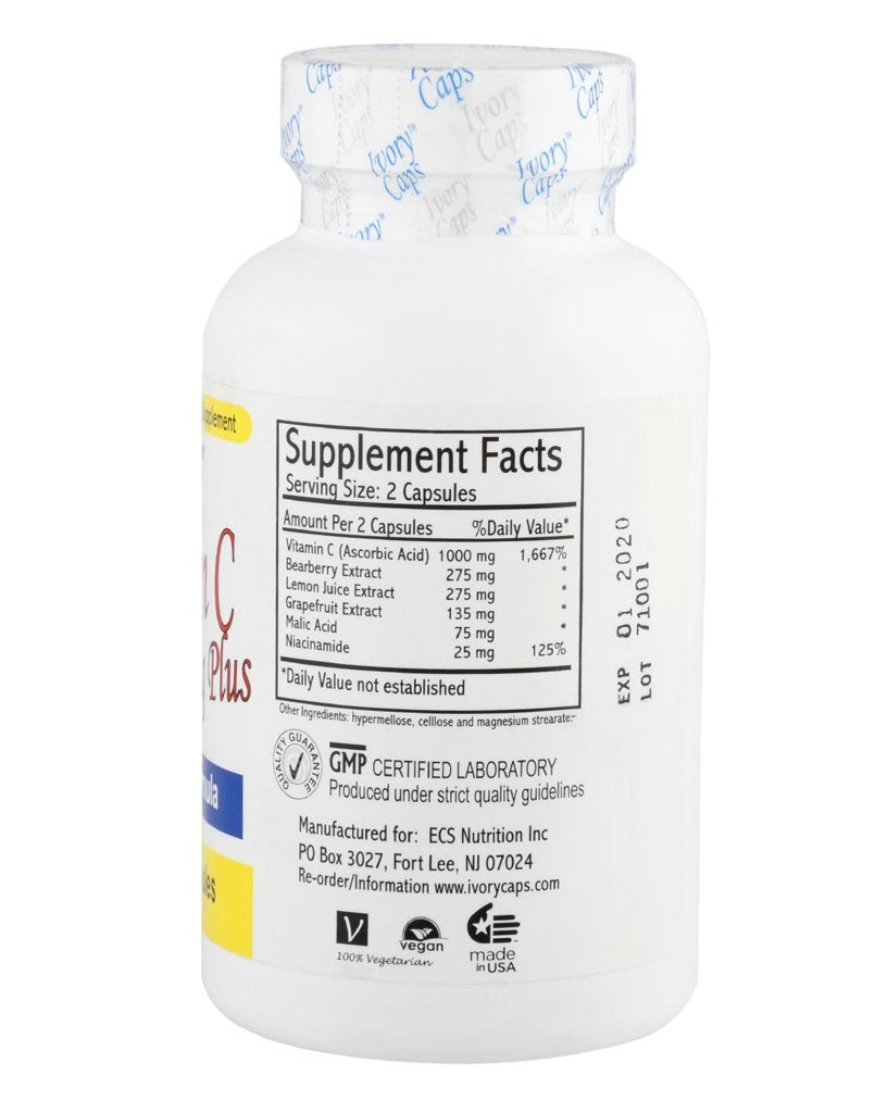 Close-up of Ivory Caps label highlighting vitamin C blend for nourishment.