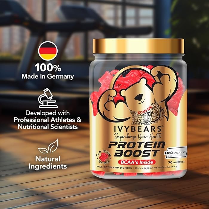 IvyBears Premium Protein Boost Gummies pouring out for easy, portable nutrition between workouts