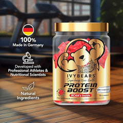 IvyBears Premium Protein Boost Gummies pouring out for easy, portable nutrition between workouts