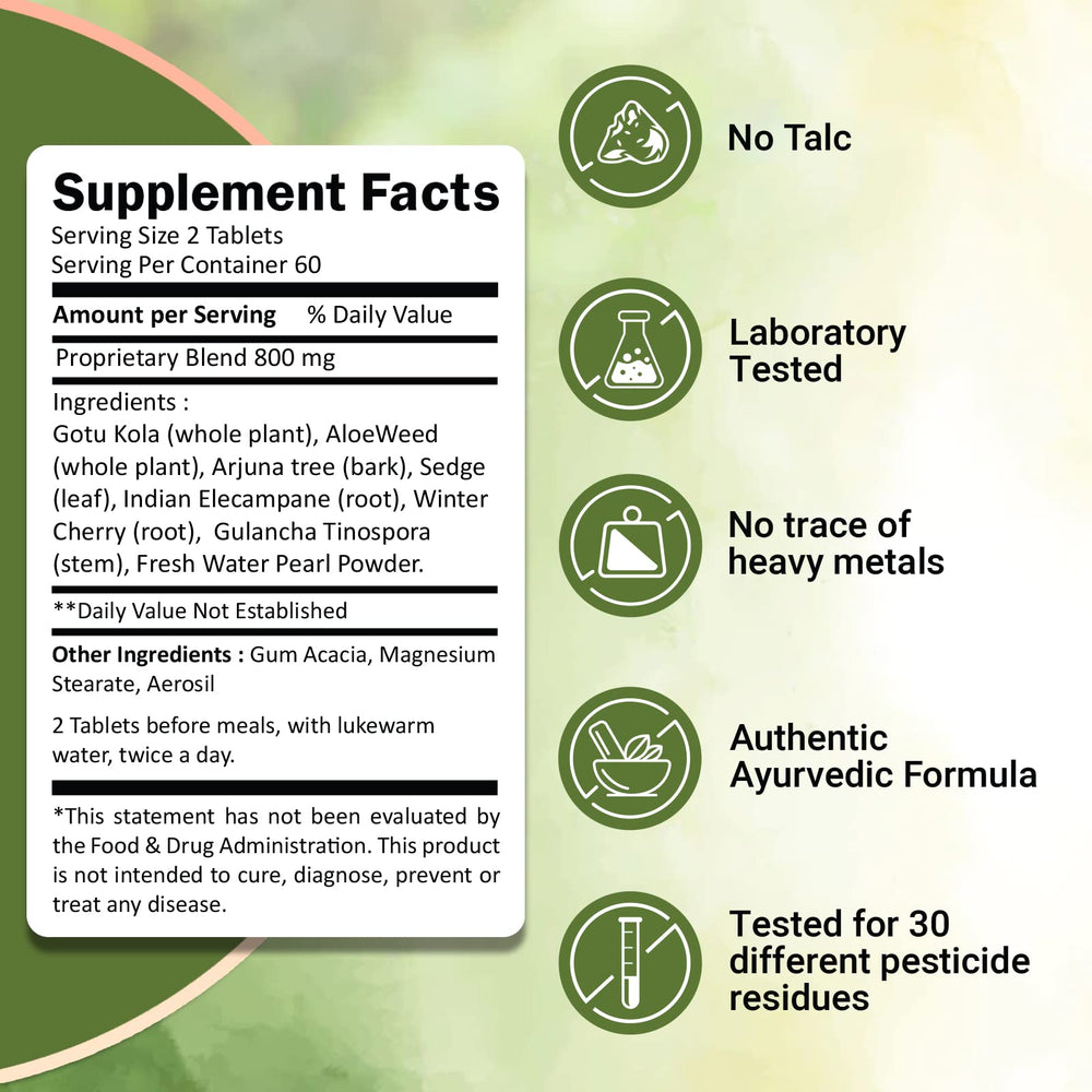 Closeup of Ivy's Mukta Vati tablets highlighting herbal blend.