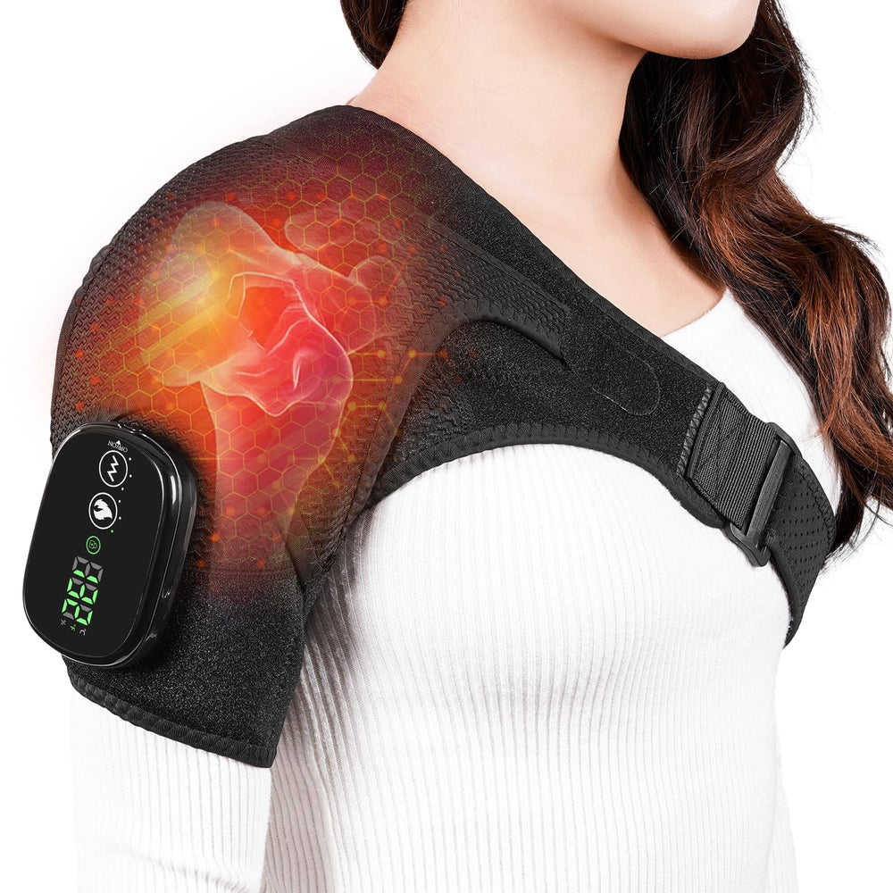 IvyWorkshop cordless shoulder heating pad in use for portable relief during daily tasks.