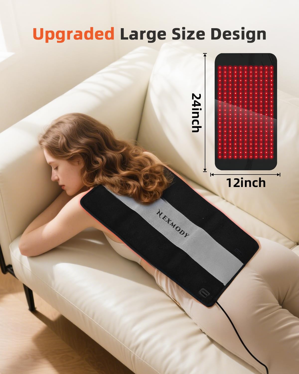 IWETQFF red light therapy pad on the back delivers soothing warmth.