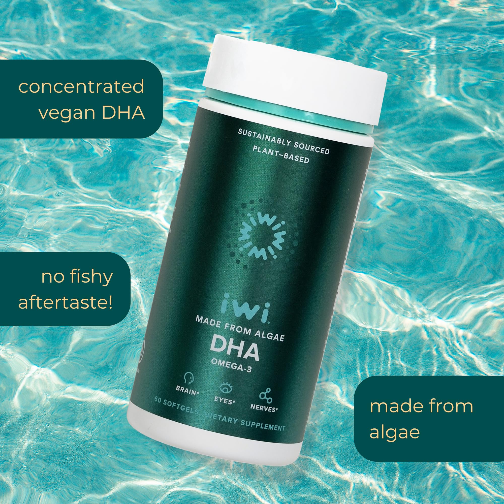 Iwi DHA softgels with a spoon suggesting convenient daily intake.