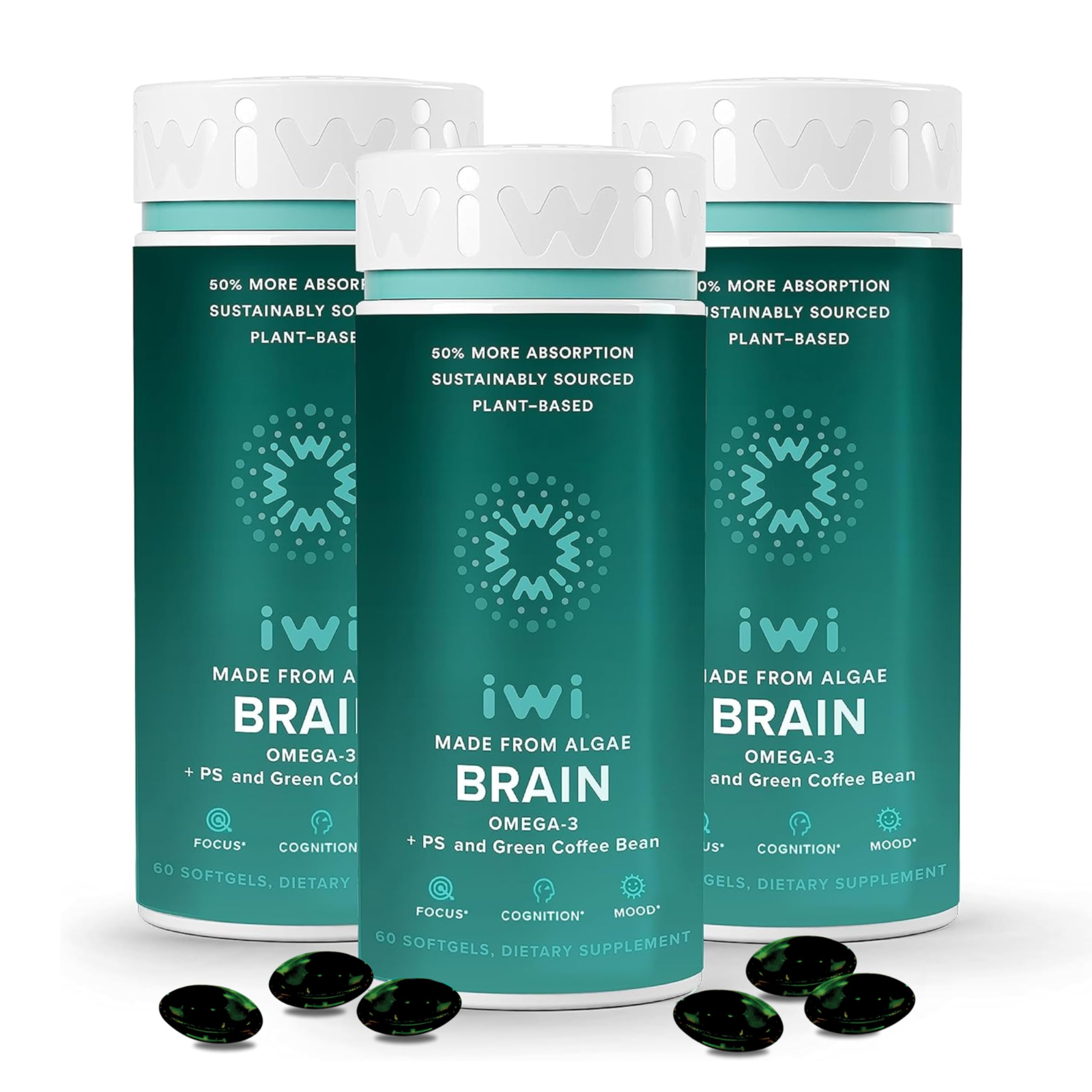iwi life Brain Omega-3 bottle front with algae EPA/DHA capsules for focus