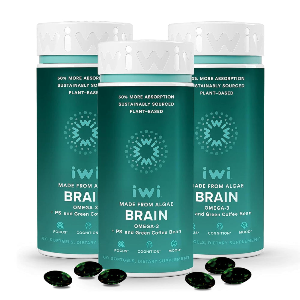 iwi life Brain Omega-3 bottle front with algae EPA/DHA capsules for focus
