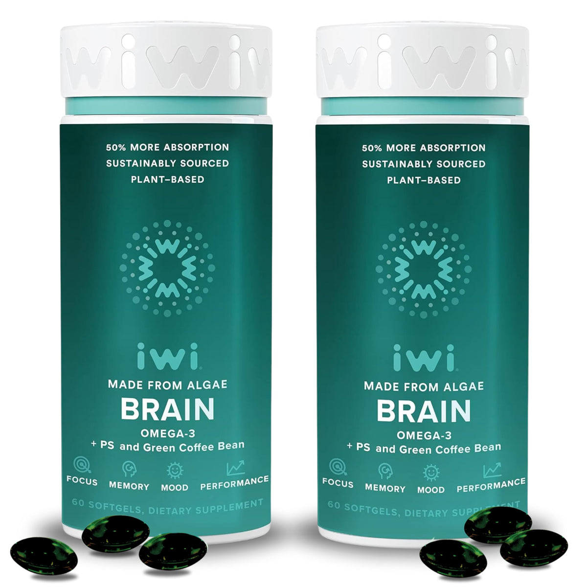 Iwi Life Brain Omega-3 bottle highlighting algae-derived EPA/DHA for focus support.