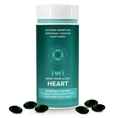 Iwi Life Heart Omega-3 bottle highlighting vegan algae EPA for heart support