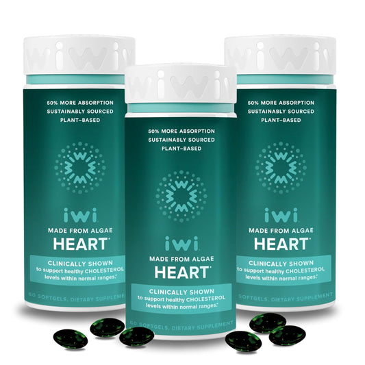 Iwi Life Heart Omega-3 softgels bottle showing vegan EPA and no fishy aftertaste.