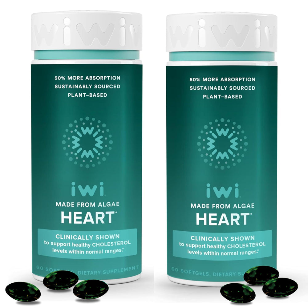 Iwi Life Heart Omega-3 softgels bottle highlighting vegan algae EPA for heart health.