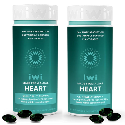 Iwi Life Heart Omega-3 softgels bottle highlighting vegan algae EPA for heart health.