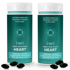 Iwi Life Heart Omega-3 softgels bottle highlighting vegan algae EPA for heart health.
