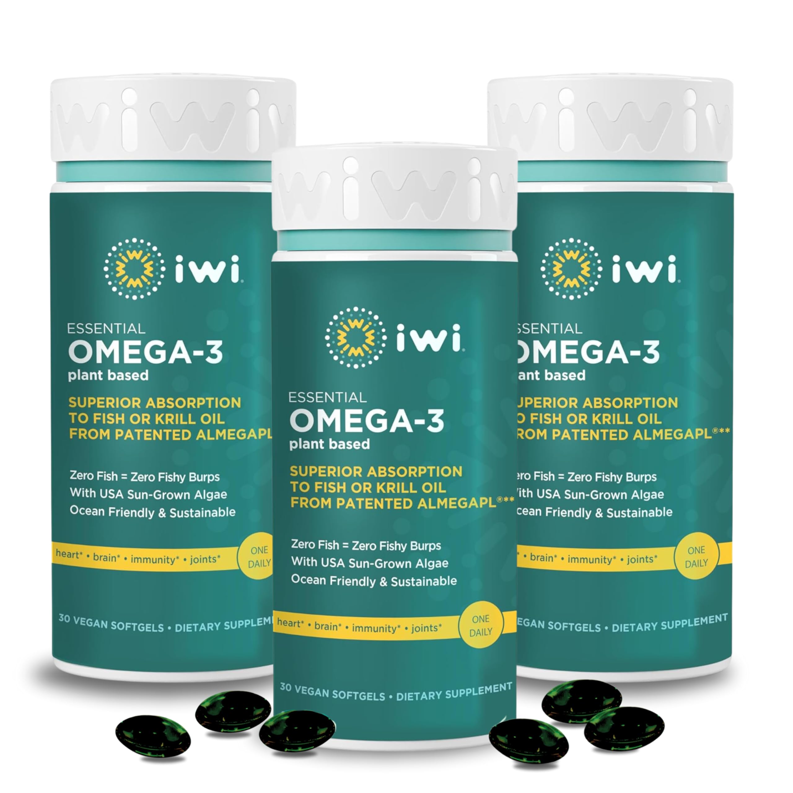 Iwi Omega-3 Essential bottle with algae softgels highlighting plant-based EPA and DHA benefits.