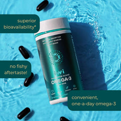 Bottle closeup emphasizing Iwi Omega-3 no fishy aftertaste.
