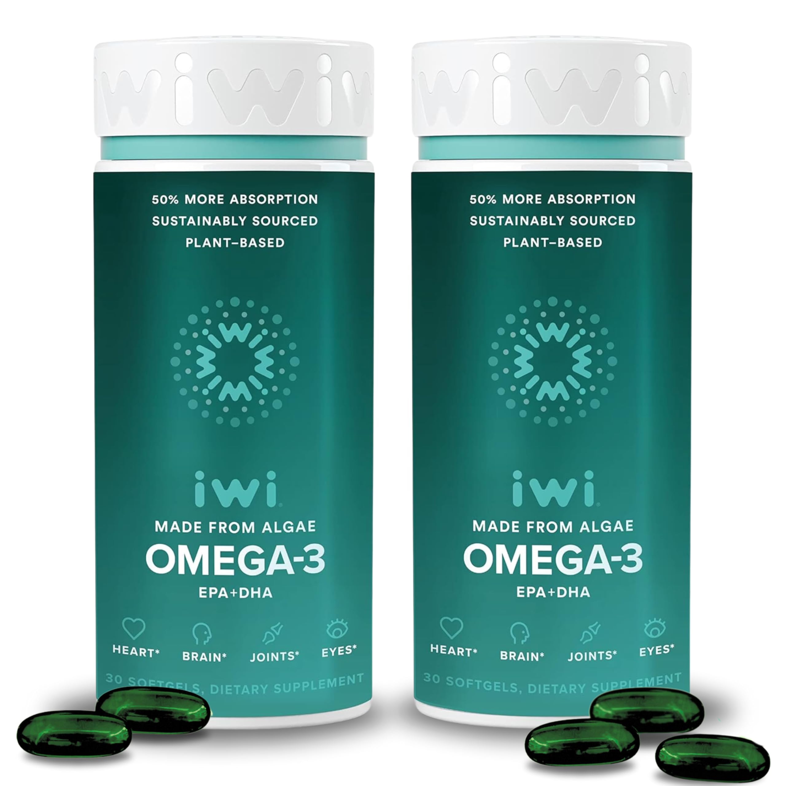 Iwi Omega-3 softgel bottle highlights vegan EPA and DHA.