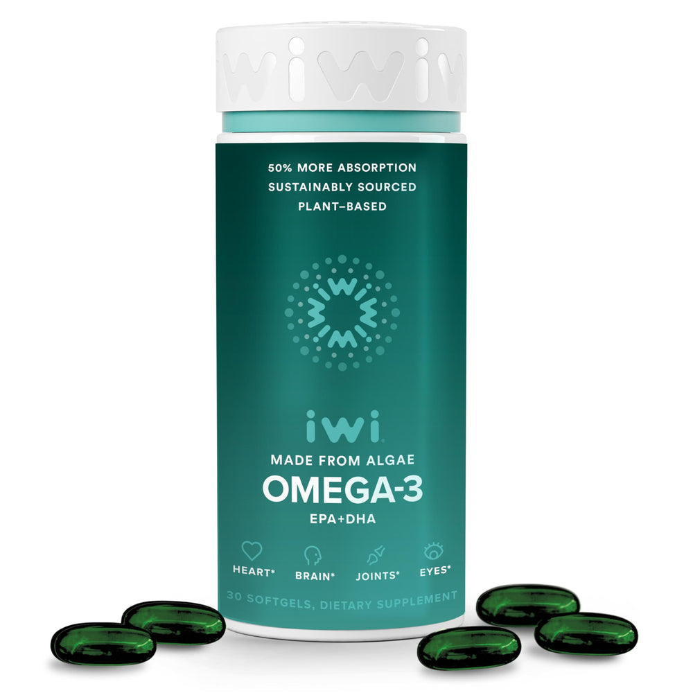 Iwi Omega-3 softgels bottle on table highlighting vegan EPA and DHA benefits