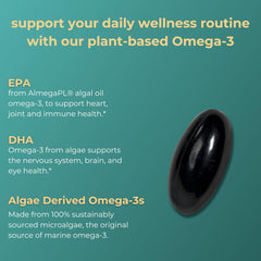 Iwi Omega-3 Essential softgels close-up emphasizes algae-derived EPA and DHA for superior absorption