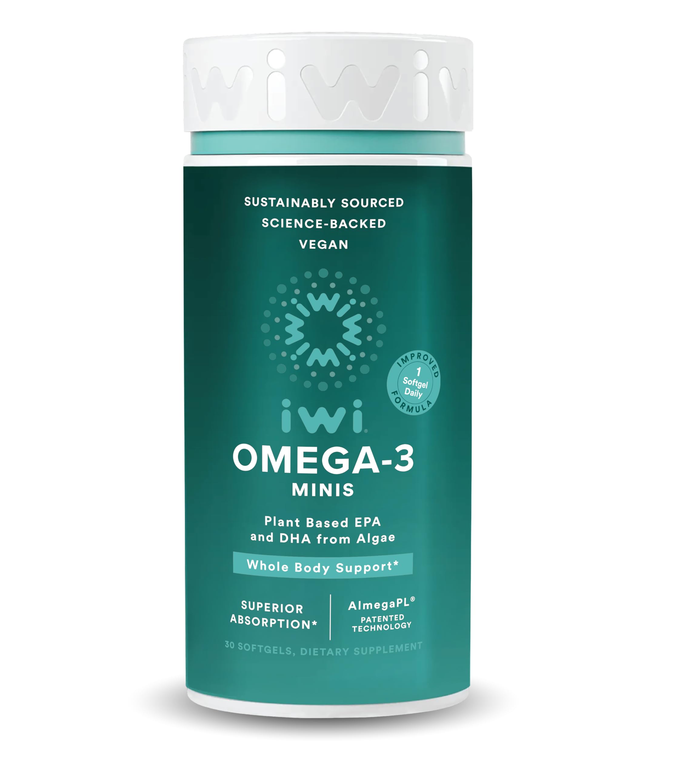 Iwi Omega-3 Mini Softgels bottle front showing compact plant-based EPA + DHA for whole-body support