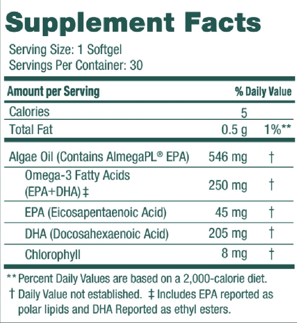 Iwi Omega-3 Mini Softgels ingredients card emphasizing algae-based formula
