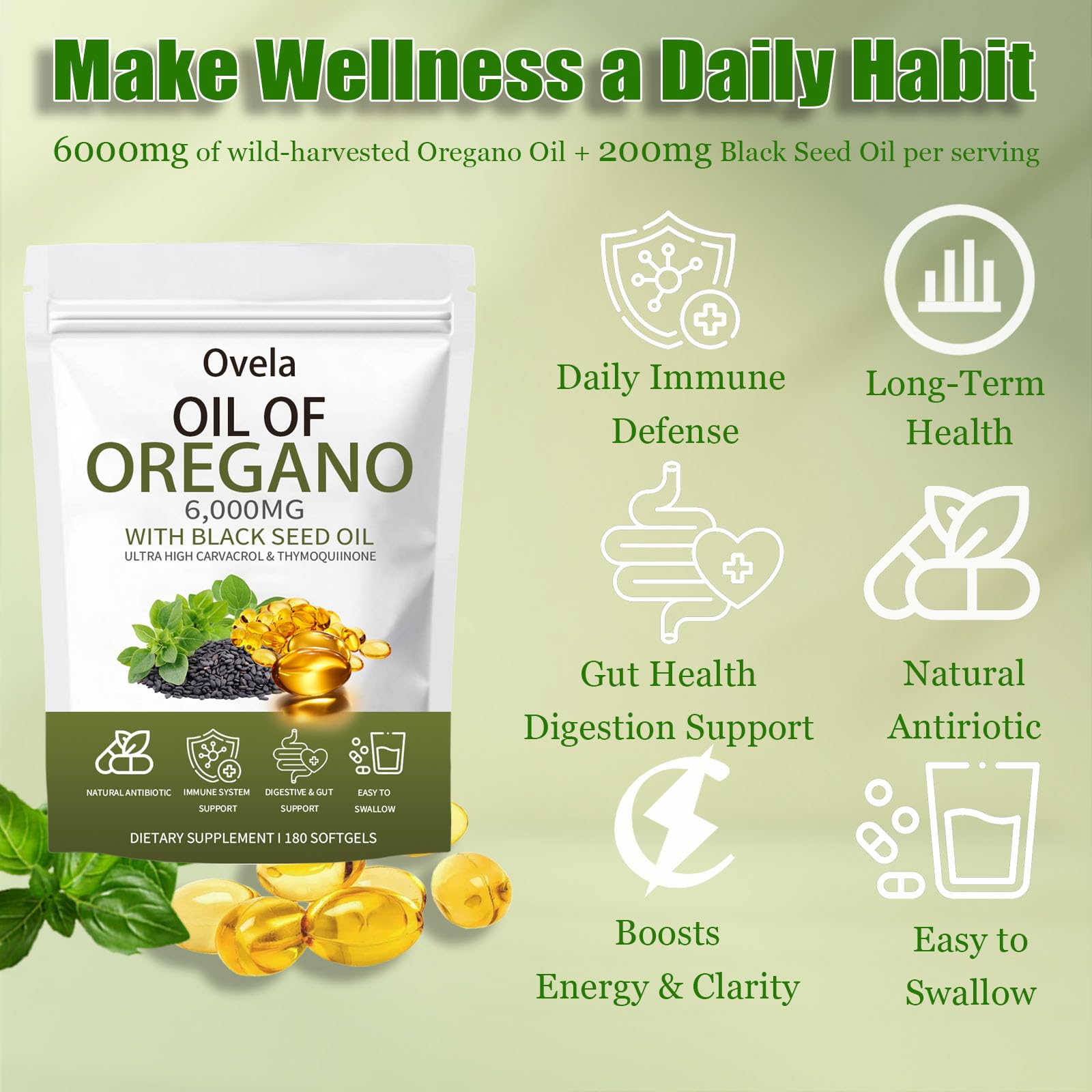 ixarco Ovela softgels closeup shows potent 6000mg oregano oil per serving.