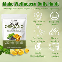 ixarco Ovela softgels closeup shows potent 6000mg oregano oil per serving.
