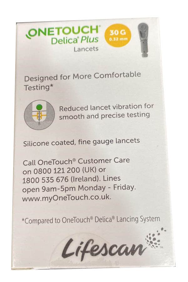 J&D OneTouch Delica Plus lancets with silicone coating for smooth entry.