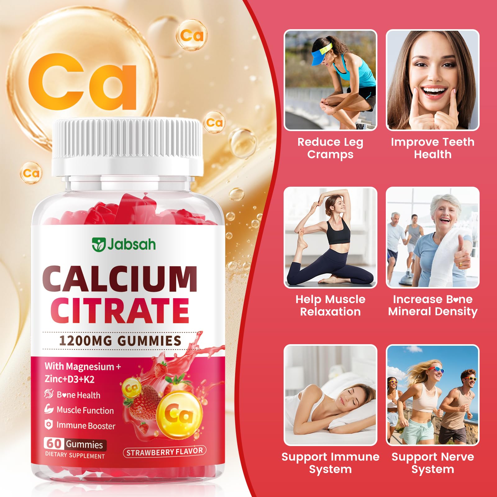 Jabsah Strawberry-label Calcium Citrate Gummies with vibrant flavor