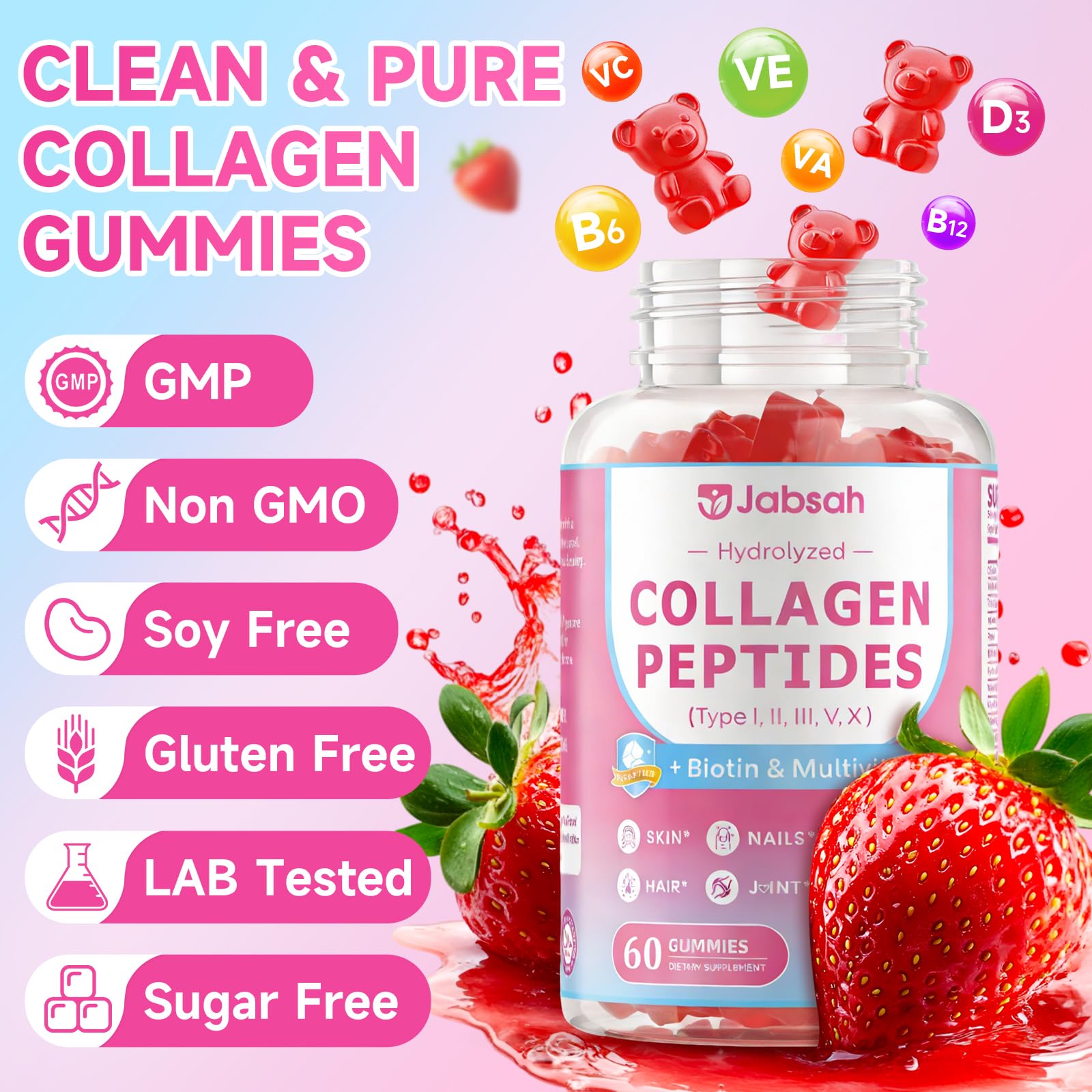 Jabsah collagen gummies daily routine image promotes two-gummy daily habit.