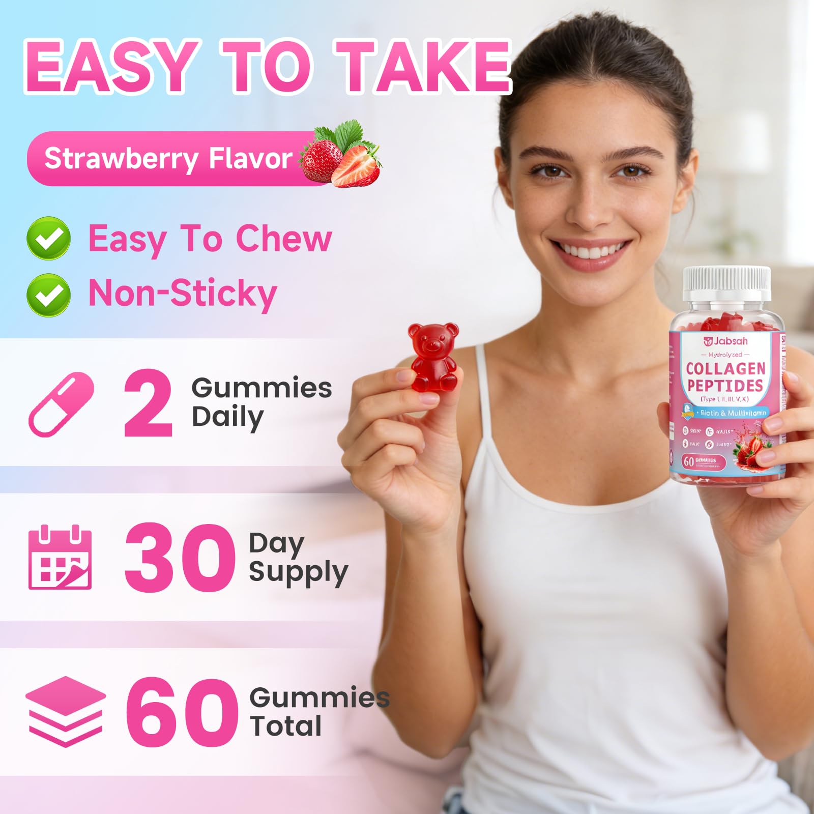 Jabsah collagen gummies nutrition panel lists hydrolyzed collagen and biotin benefits.