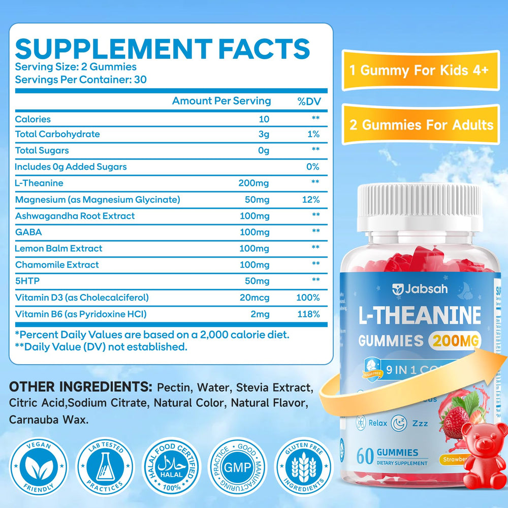 Jabsah L-Theanine Gummies illustrated for focused study moments.