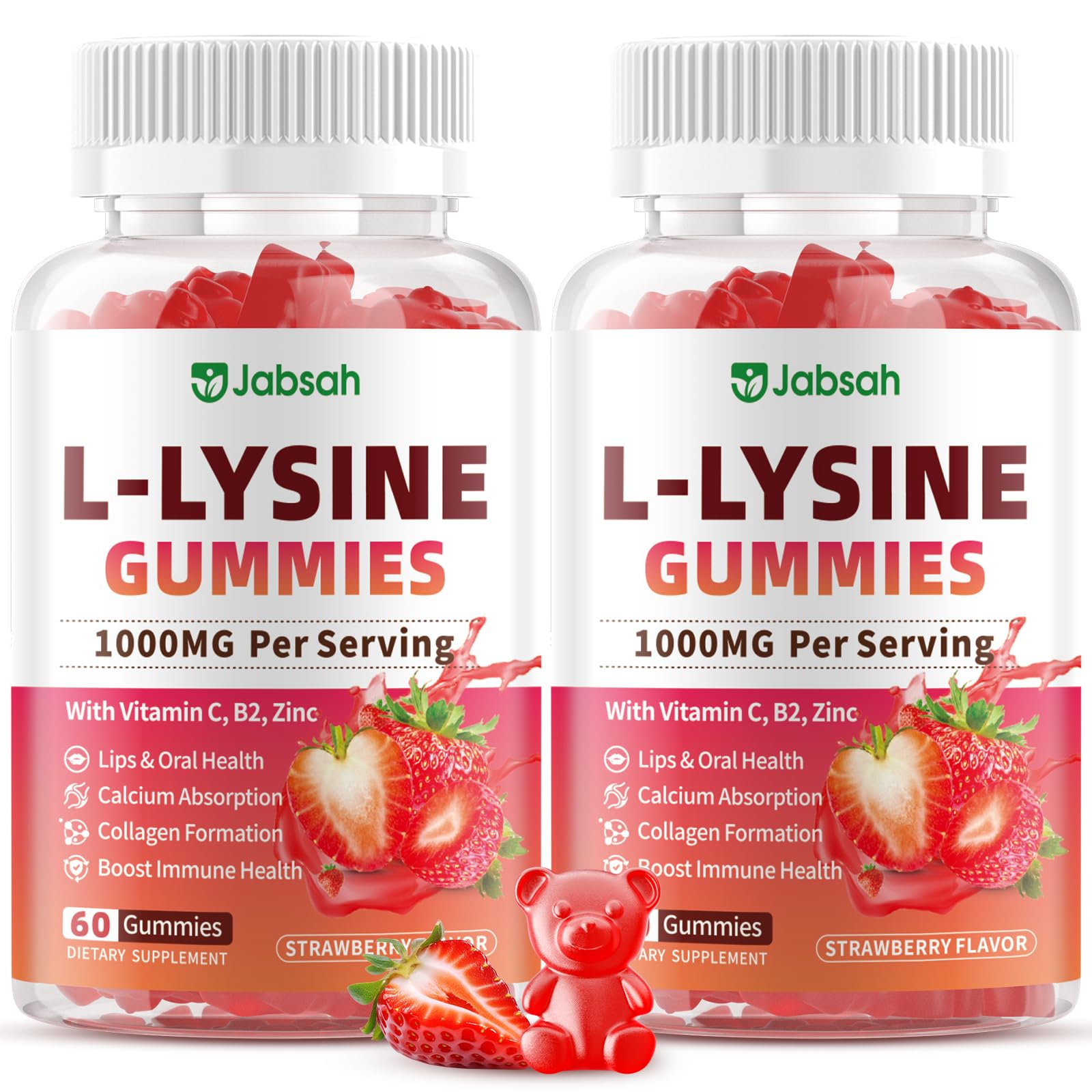 Jabsah L-Lysine Gummies bottle with strawberry flavor for daily immune support.