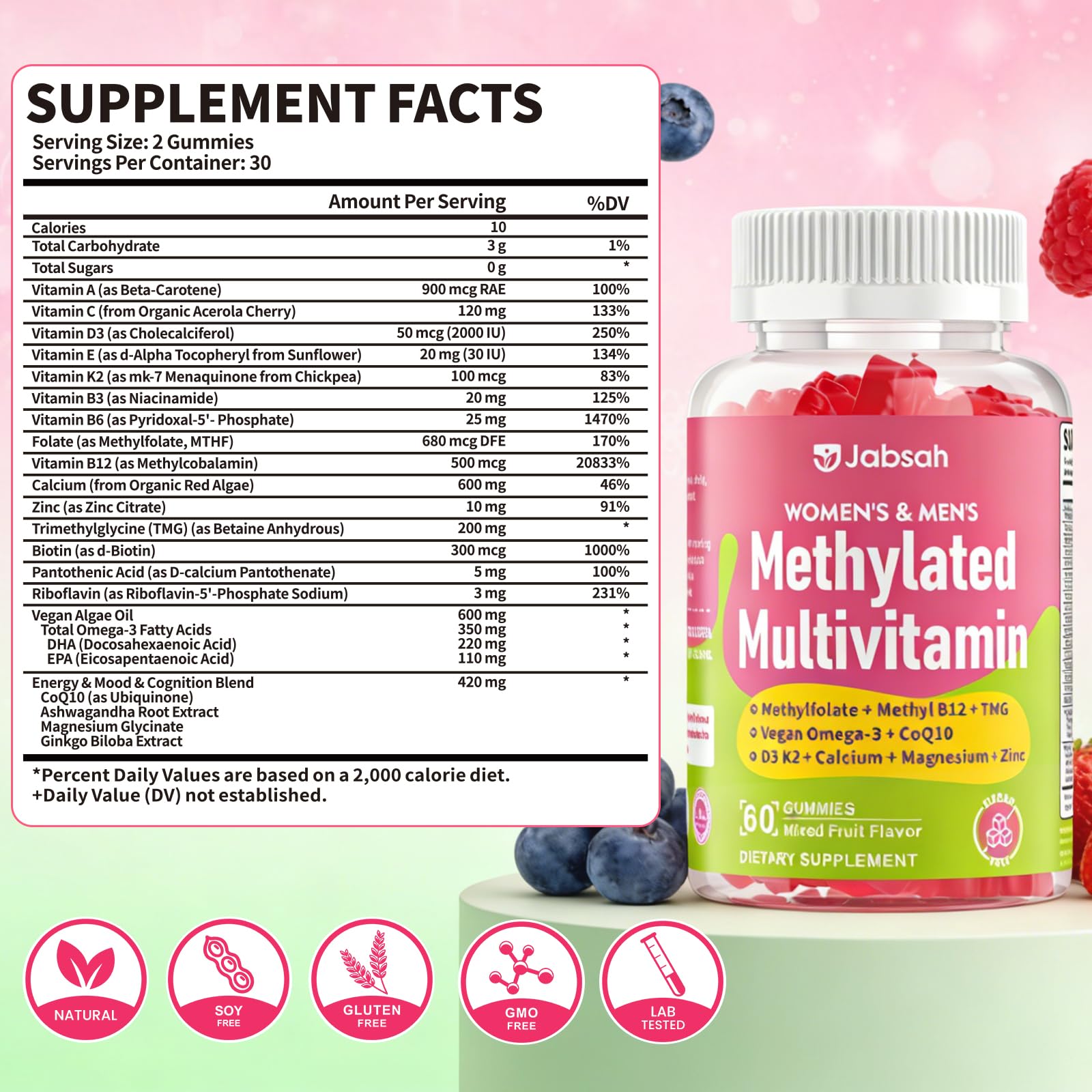 Jabsah methylated B complex gummies bottle label close-up highlighting ingredients
