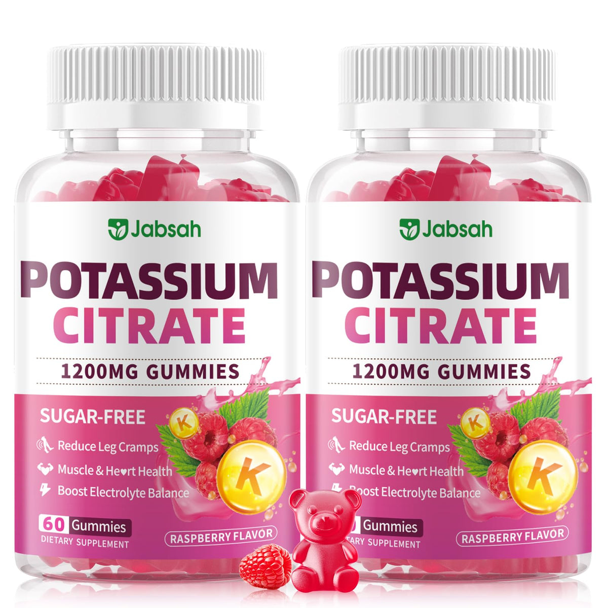 Jabsah Potassium Citrate Gummies raspberry bottle supports daily electrolyte balance.