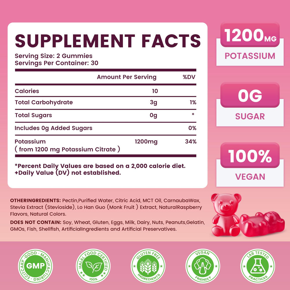 Jabsah Potassium Citrate Gummies close-up shows raspberry flavor and soft chew texture for easy daily use.