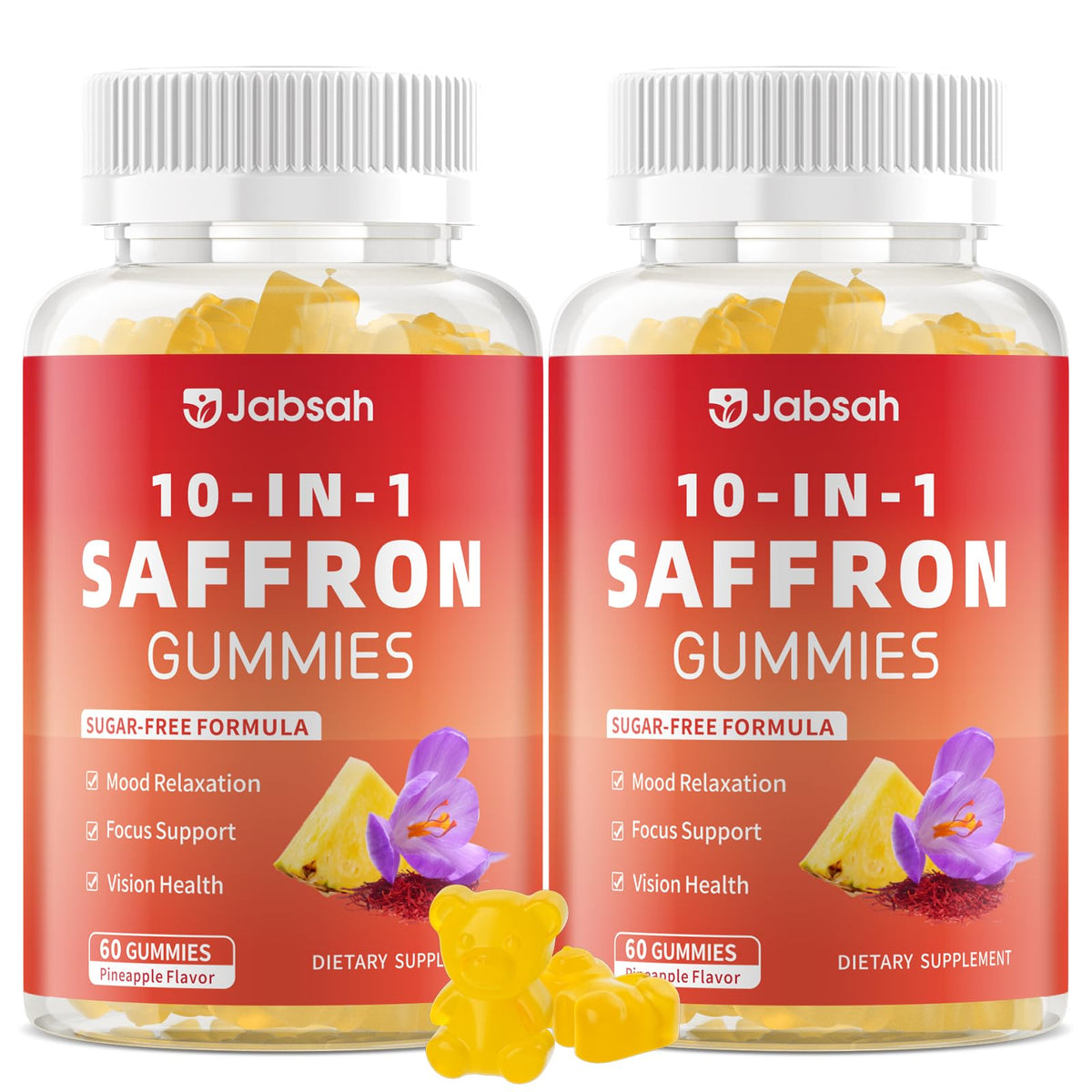 Jabsah Saffron Gummies bottle front shows potency and mood support.