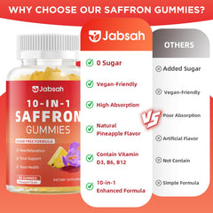 Jabsah Saffron Gummies ingredients banner features saffron extract and botanicals.