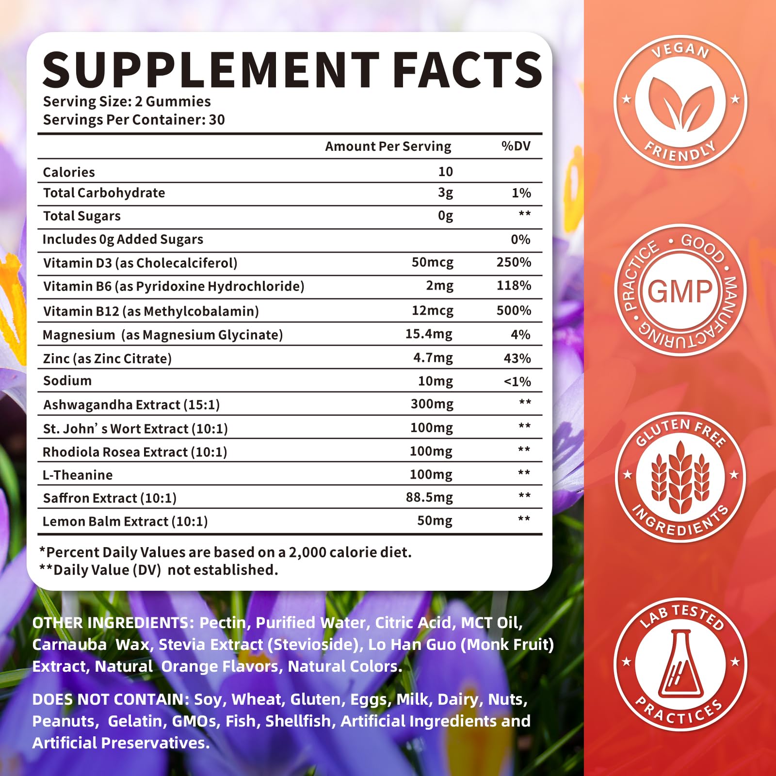 Jabsah Saffron Gummies label closeup highlights 10-in-1 formula for calm and focus.