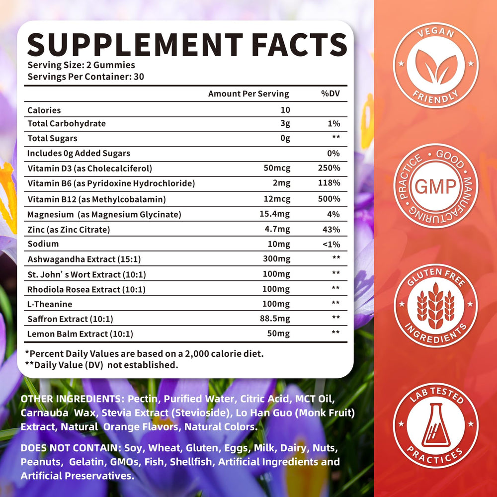 Jabsah Saffron Gummies label closeup highlights 10-in-1 formula for calm and focus.