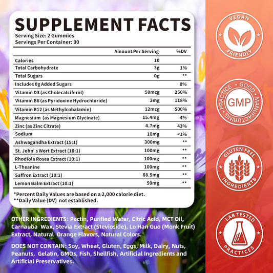 Jabsah Saffron Gummies label closeup highlights 10-in-1 formula for calm and focus.