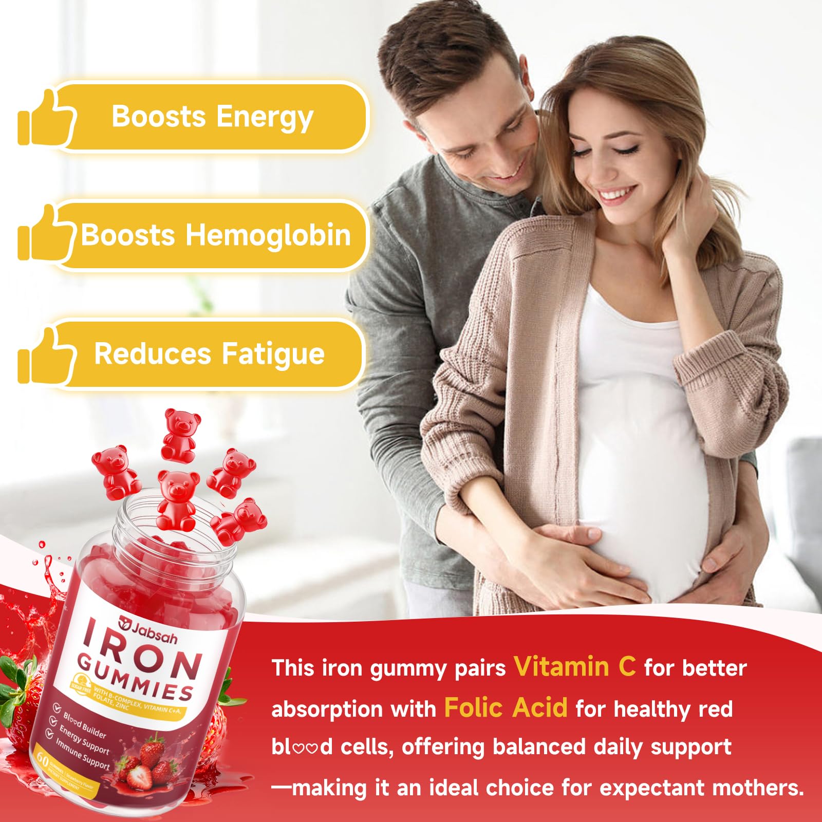 Jabsah vegan iron gummies daily dosage shows two gummies for consistency.