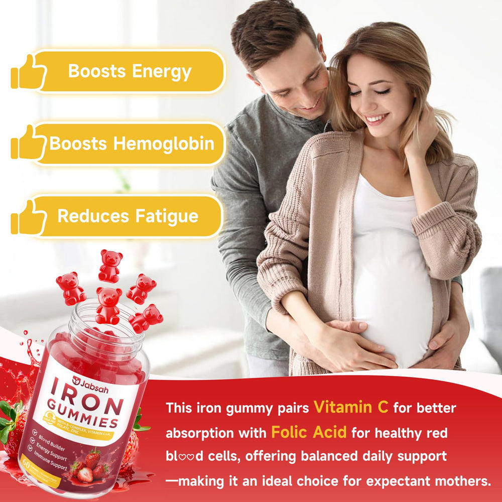 Jabsah vegan iron gummies daily dosage shows two gummies for consistency.