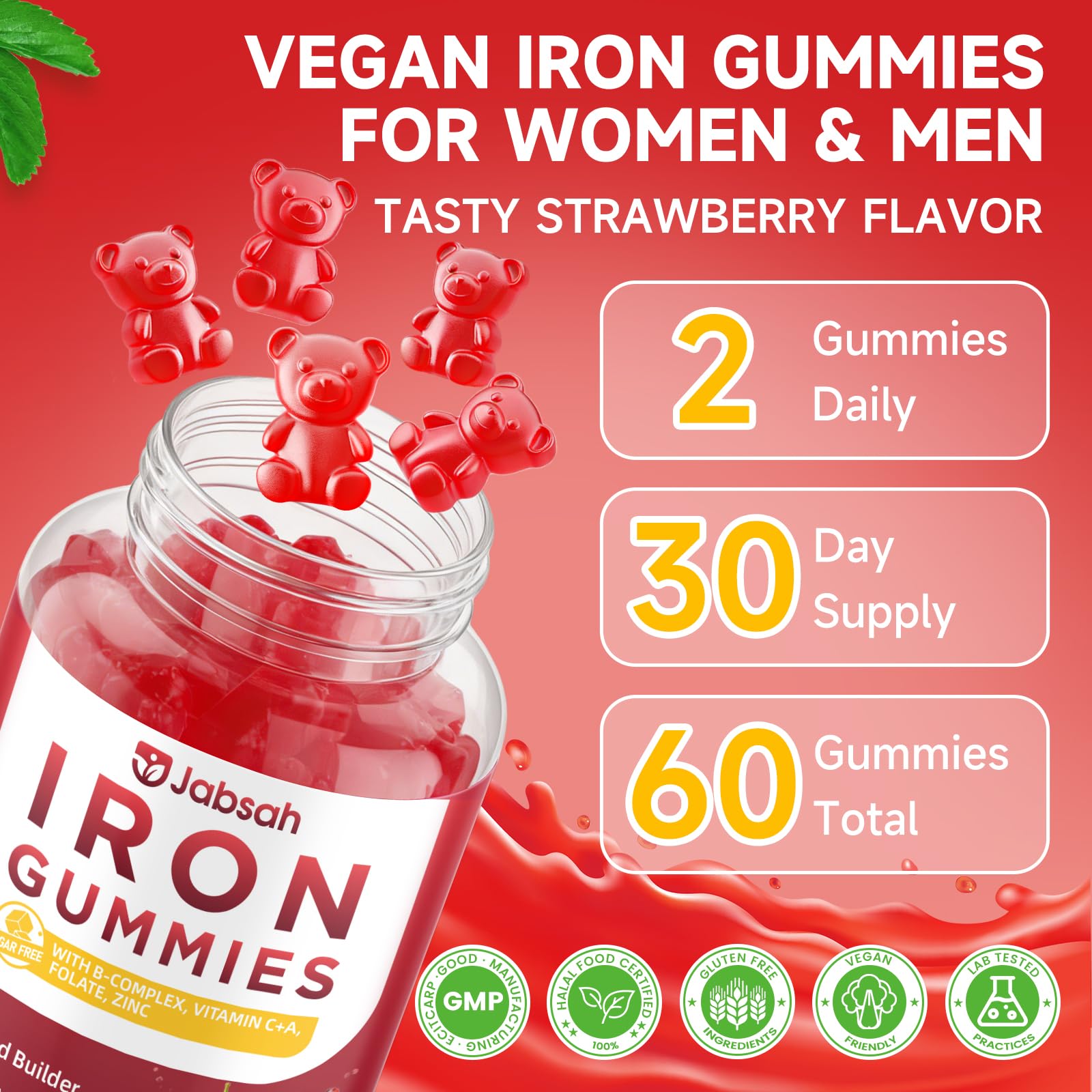 Jabsah vegan iron gummies GMP-certified seal signals quality.
