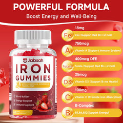 Jabsah vegan iron gummies ingredients panel highlights chelated iron.